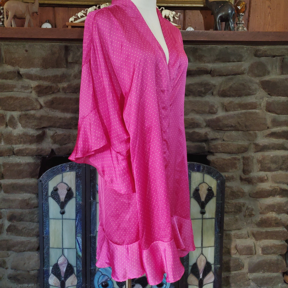 Vintage Pink Satin Kimono Robe White Polka Dot Ruffle Wide Sleeve No Belt